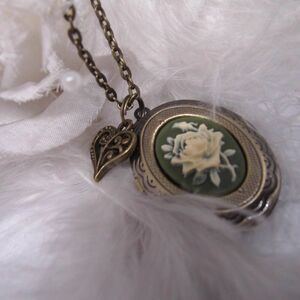 Anniversary birthday gift heart Bronze Memorial Antique Rose Green locket Photo
